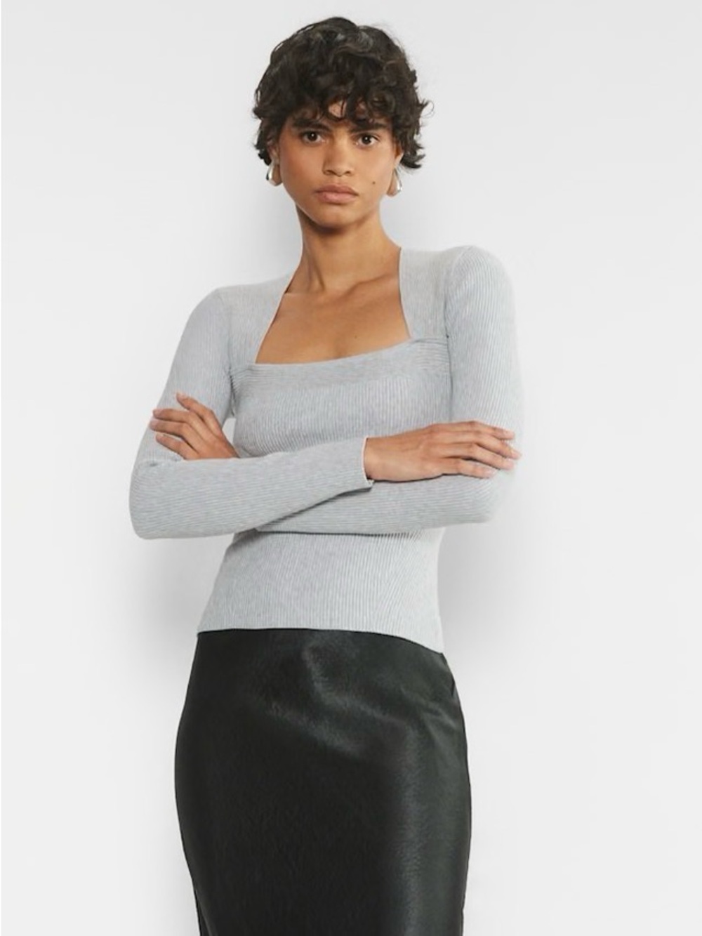 Aritzia Babaton Grid Long Sleeve Top Gray Ribbed Square Neck Shirt XS